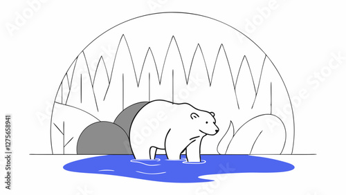 Brown bear emerging from a riverbank in a wild forest, vector art