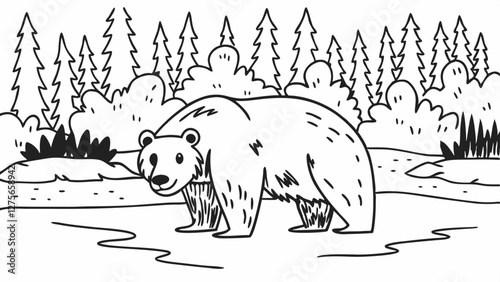 Brown bear emerging from a riverbank in a wild forest, vector art