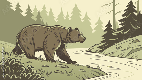 Brown bear emerging from a riverbank in a wild forest, vector art