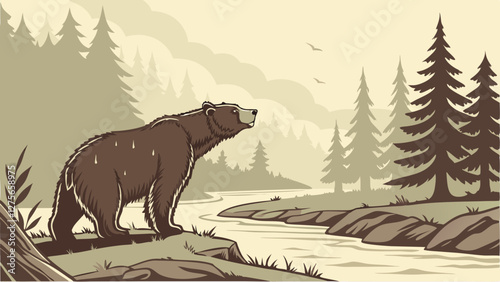 Brown bear emerging from a riverbank in a wild forest, vector art
