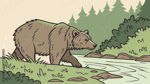 Brown bear emerging from a riverbank in a wild forest, vector art