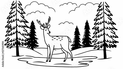 Majestic deer standing in a misty forest clearing, vector art