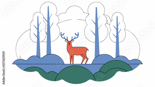 Majestic deer standing in a misty forest clearing, vector art