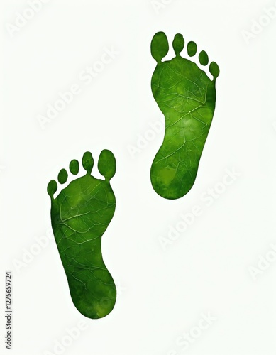 Green footprint illustration on white background. Eco awareness, carbon footprint reduction. Environmental responsibility, plant based lifestyle, sustainable future, nature conservation, climate.
