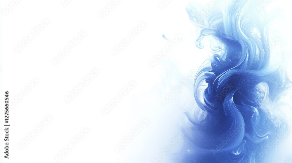 Fototapeta premium Blue Smoke Plume on a Serene White Background, Abstract Swirling Fluid Ink Cloud, 4K