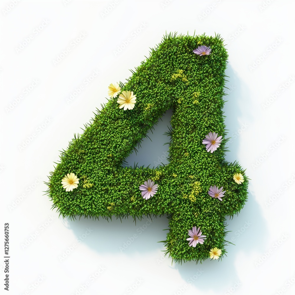 Number 4 made of lush green moss with tiny flowers growing on it isolated on a clean white background Number 4 made of lush green moss with tiny flowers growing on it isolated on a clean white background
