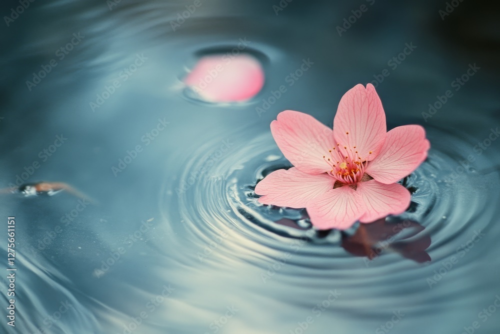A delicate pink flower floats gracefully in clear water, creating gentle ripples that radiate outward like whispers of tranquility and serene elegance. A delicate pink flower floats gracefully in clear water, creating gentle ripples that radiate outward like whispers of tranquility and serene elegance.