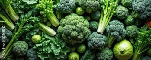A rich array of green vegetables presents richness of garden produce. Vibrant broccoli and celery plants full of vitamin. Healthy, seasonal fresh food for vegan diet.