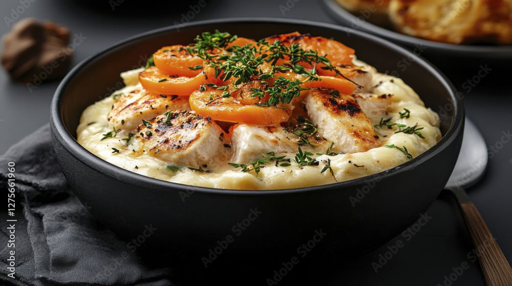 Creamy chicken dish with grilled apricots and fresh herbs, served in bowl Creamy chicken dish with grilled apricots and fresh herbs, served in bowl