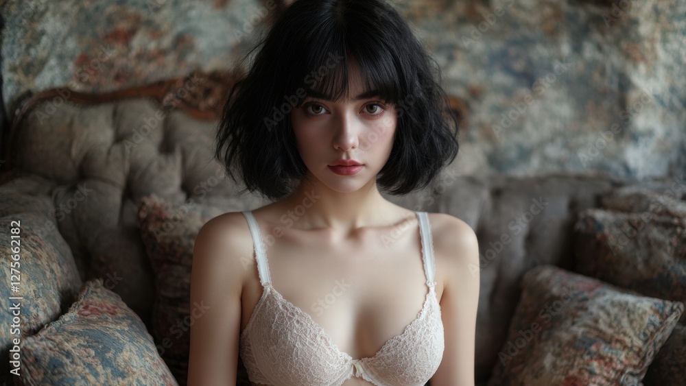 Fototapeta premium Portrait of a woman in delicate lingerie, seated on a vintage couch with a textured background in soft lighting