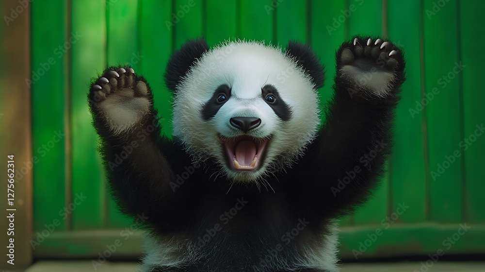 Obraz premium Happy panda cub, green background