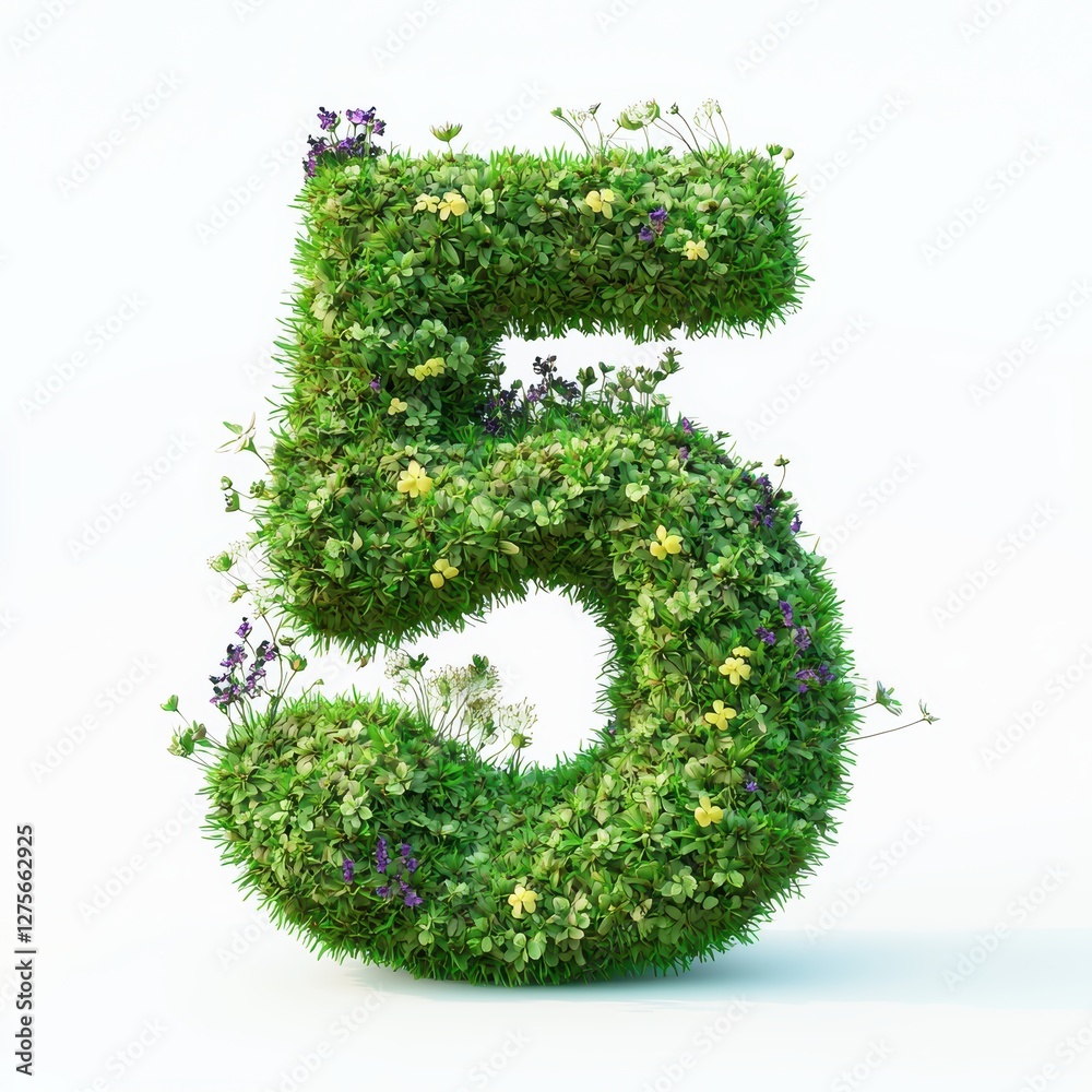 Number 5 made of lush green moss with tiny flowers growing on it isolated on a clean white background Number 5 made of lush green moss with tiny flowers growing on it isolated on a clean white background