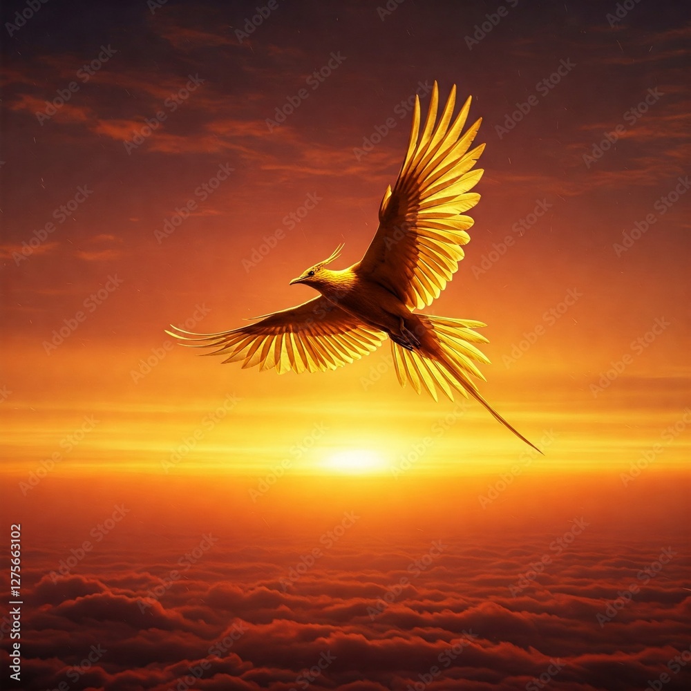 Obraz premium Golden firebird soaring above a fiery dawn horizon, blazing orange mist with drifting golden clouds, slightly close-u