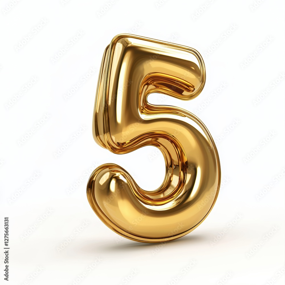 Number 5 made of polished gold with smooth reflections isolated on a clean white background Number 5 made of polished gold with smooth reflections isolated on a clean white background