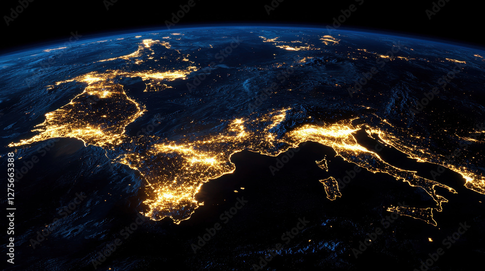 Fototapeta premium Bright shining cities of Europe contrasted against dark rural areas in a satellite view at night depicting electricity consumption and urban density