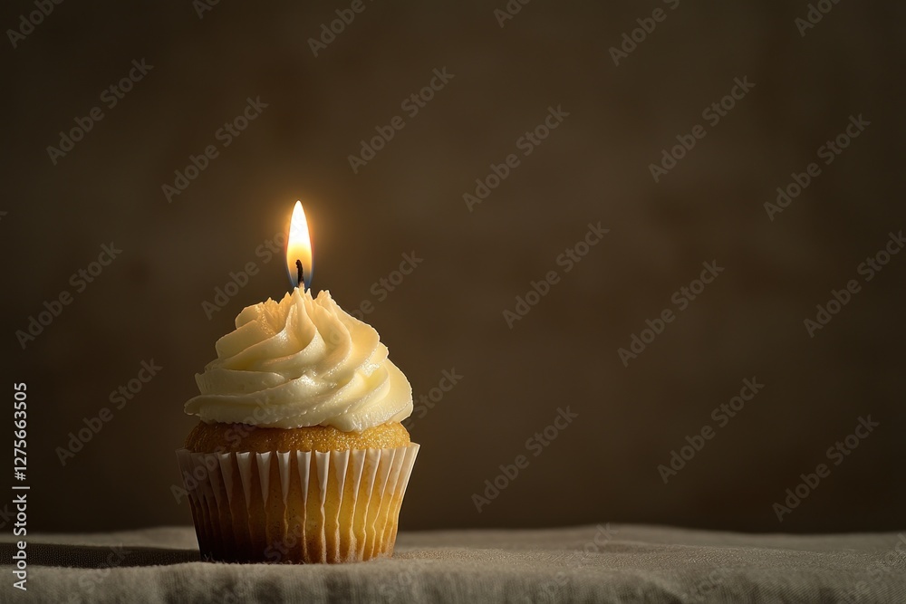 A simple cupcake with white frosting and a lit candle against a plain background, symbolizing celebrations and special moments. A simple cupcake with white frosting and a lit candle against a plain background, symbolizing celebrations and special moments.
