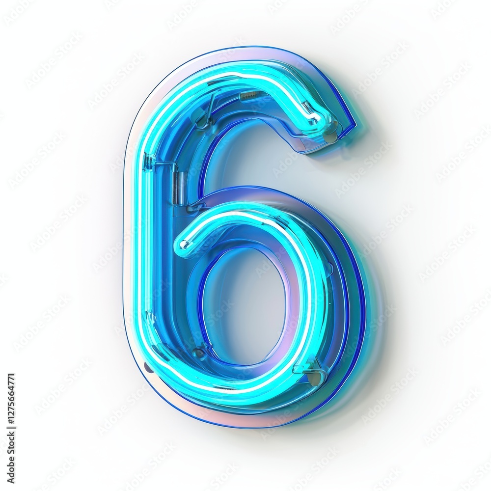 Number 6 made of glowing neon tubes with a vibrant blue hue isolated on a clean white background Number 6 made of glowing neon tubes with a vibrant blue hue isolated on a clean white background