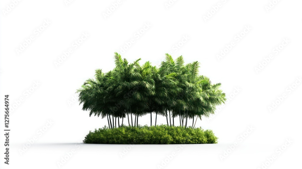 Fototapeta premium Dense Bamboo Grove: A vibrant, verdant cluster of bamboo trees stands tall on a small grassy hill, their leaves dense and rich, exuding a sense of serenity.