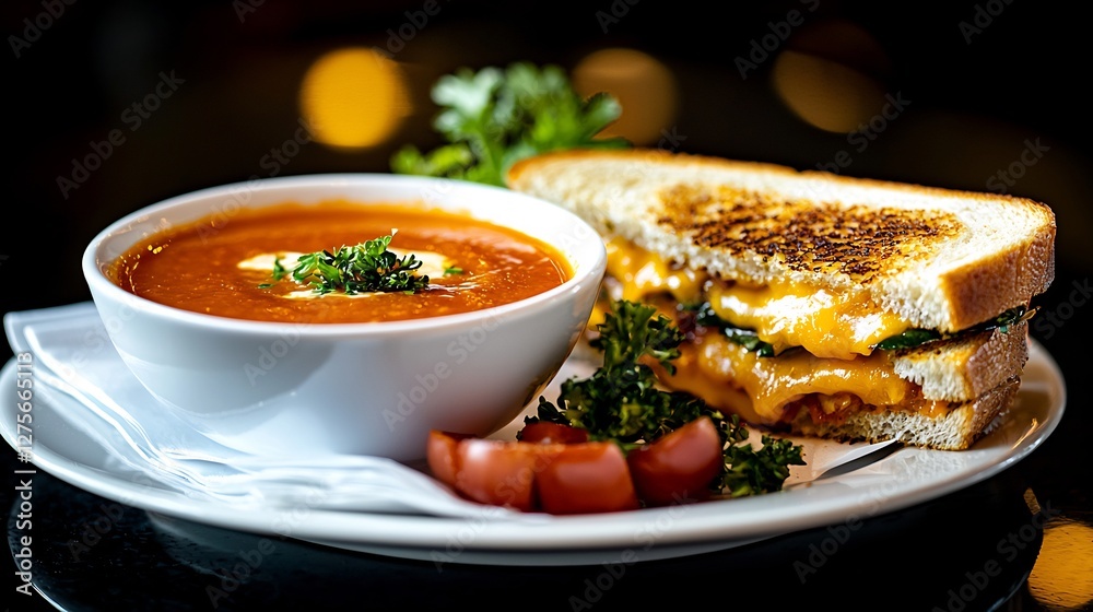Tomato Soup Bowl with Grilled Cheese Sandwich on Plate Dark Background