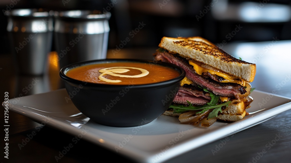 Tomato Soup In A Black Bowl Beside A Grilled Beef Sandwich On A White Plate