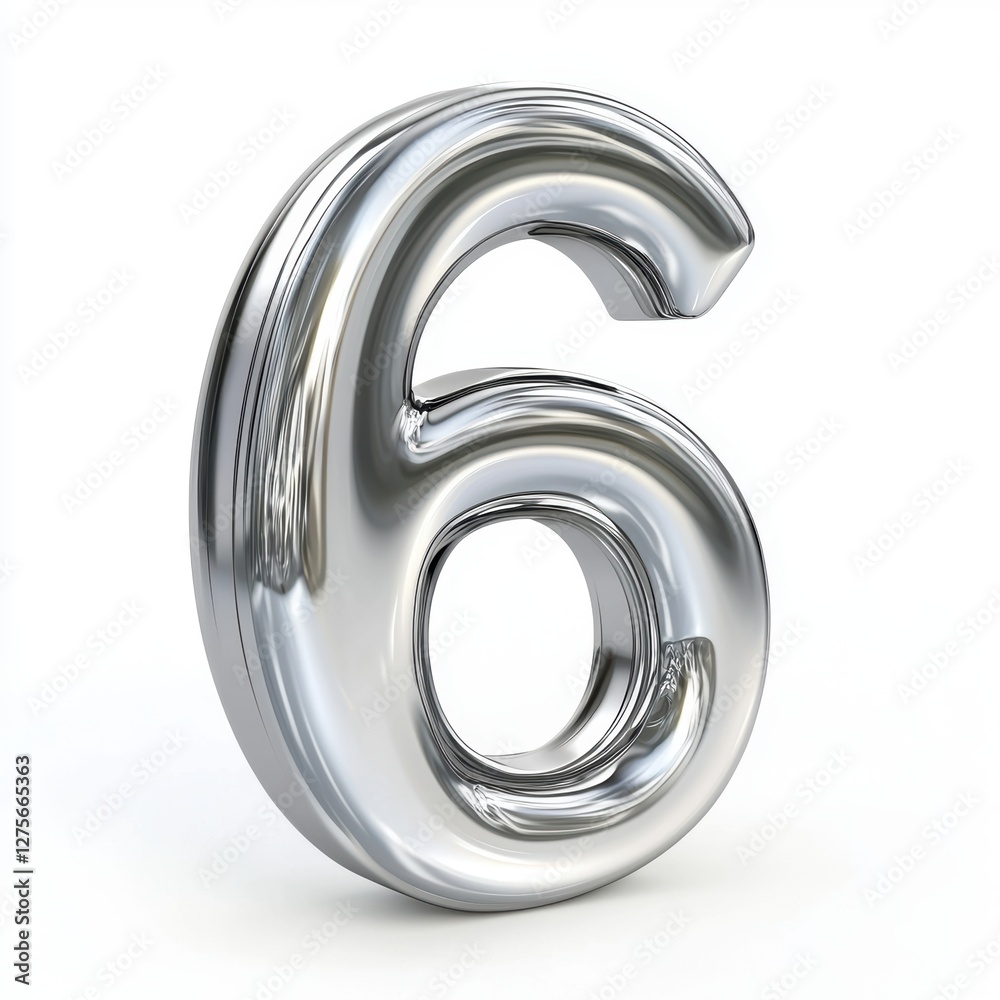 Number 6 made of polished silver metal with reflective highlights isolated on a clean white background Number 6 made of polished silver metal with reflective highlights isolated on a clean white background