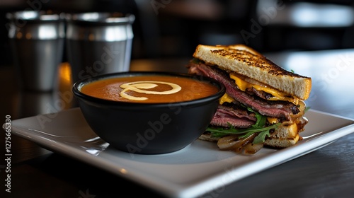 Obraz na płótnie Tomato Soup In A Black Bowl Beside A Grilled Beef Sandwich On A White Plate w salonie