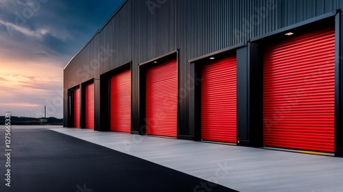 Red industrial doors closing on storage building at sunset