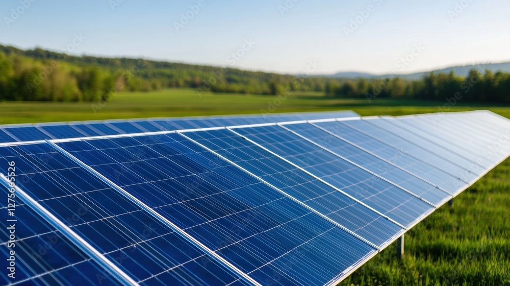 Solar Power Stations Spread Across a Green Landscape Under Clear Blue Sky Solar Power Stations Spread Across a Green Landscape Under Clear Blue Sky
