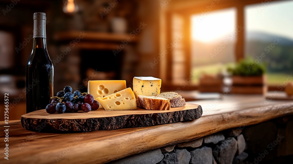 An Elegant Still Life with Wine Cheese and Grapes on Rustic Wood Table with a Serene Landscape View An Elegant Still Life with Wine Cheese and Grapes on Rustic Wood Table with a Serene Landscape View