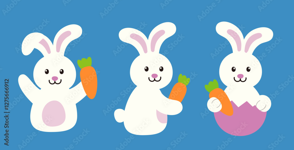 Fototapeta premium Set of Easter bunny holding carrot. Easter rabbit. Flat stock vector illustration. Good for card,poster, banner, leaflet .