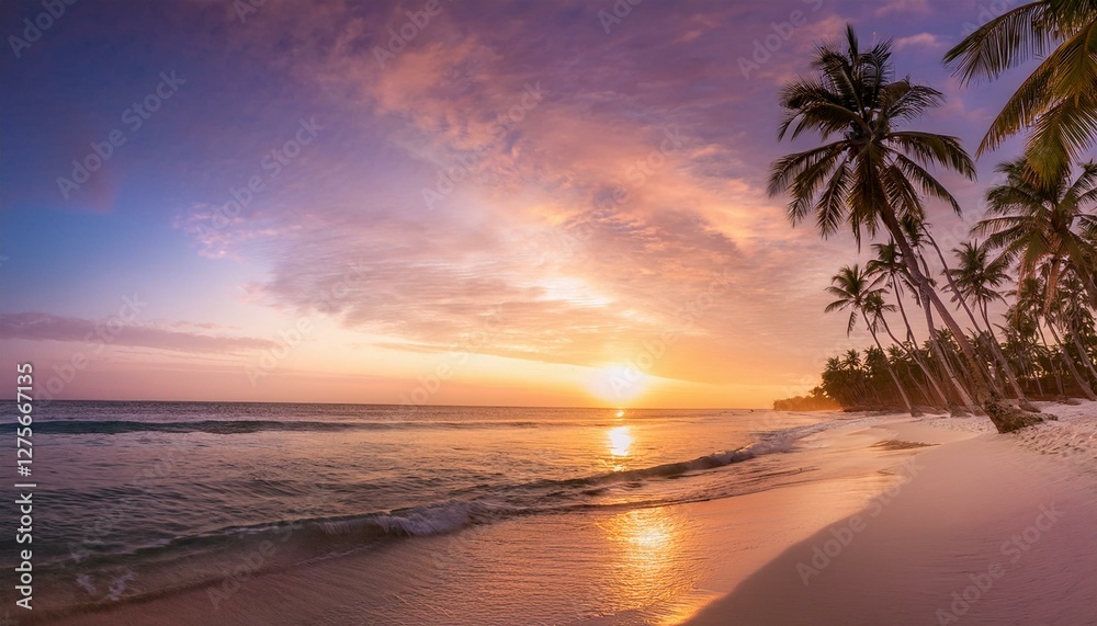 A tropical paradise at dawn, with palm trees swaying gently as the golden light touches the white sand, creating a serene and peaceful atmosphere. A tropical paradise at dawn, with palm trees swaying gently as the golden light touches the white sand, creating a serene and peaceful atmosphere.