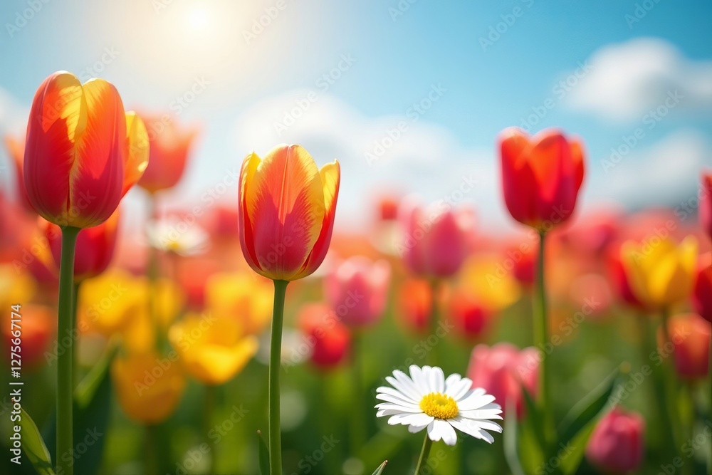 Fototapeta premium Close-up of colorful tulips and daisies in a sunny field, flowers, field, sunny
