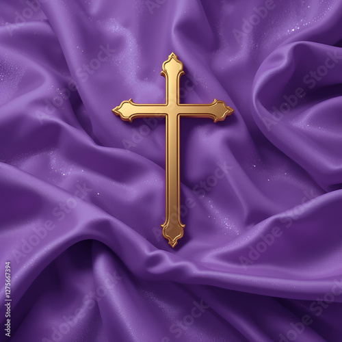 Waving satin with golden Christian Cross on liturgic violet purple copy space loop. 3D animation for online worship church sermon in Advent and Lent. Concept symbolizing penance sacrifice mourning. photo