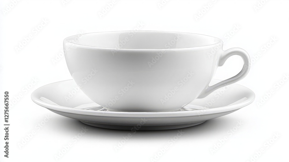 Empty white ceramic teacup and saucer on white background Empty white ceramic teacup and saucer on white background