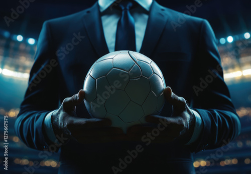 Agent holding cracked soccer ball  stadium background  sports deal