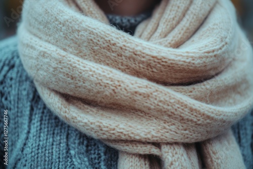 A cozy knitwear ensemble with a cream scarf wrapped snugly around the neck, epitomizing warmth and comfort in a serene outdoor setting.