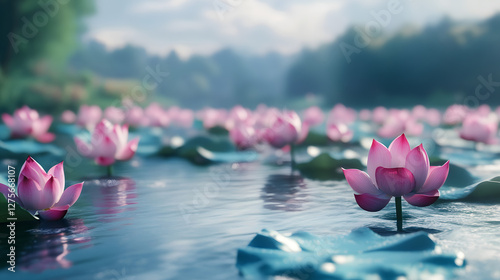 Serene water scene, vibrant pink lotus flowers blooming on calm lake surface, tranquil nature setting ideal for relaxation.