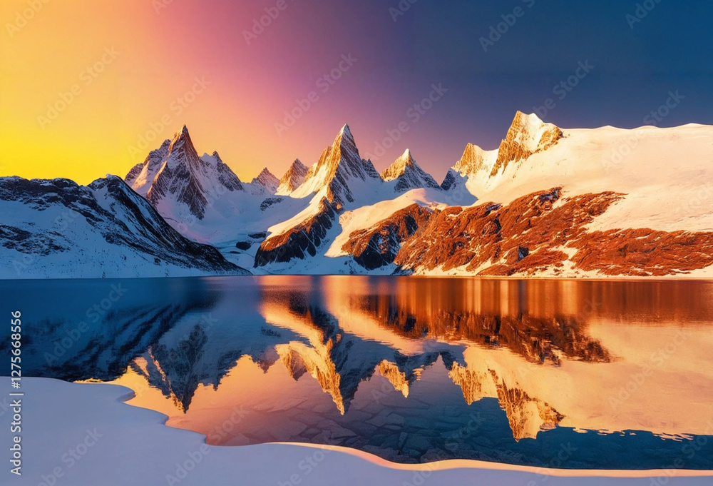 Obraz premium Snow-covered mountains at sunrise with a lake reflecting the stunning view
