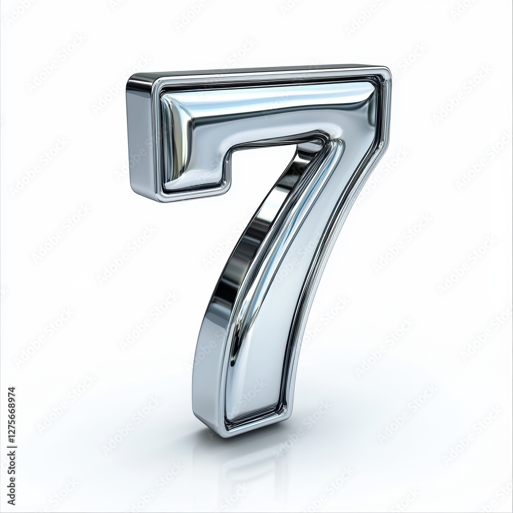 Number 7 made of polished silver metal with reflective highlights isolated on a clean white background Number 7 made of polished silver metal with reflective highlights isolated on a clean white background