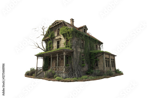 An abandoned wooden house covered in creeping vines, with shattered windows, a broken porch, and eerie, gnarled trees adding to its haunted appearance, isolated on a transparent background photo