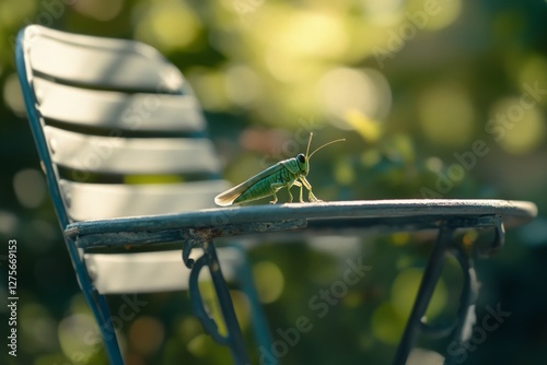 A grasshopper perched daintily on a garden chair amid lush greenery basks in the golden sunlight. photo