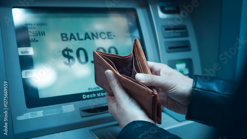 Empty Wallet at ATM, Zero Balance, Night, Financial Loss