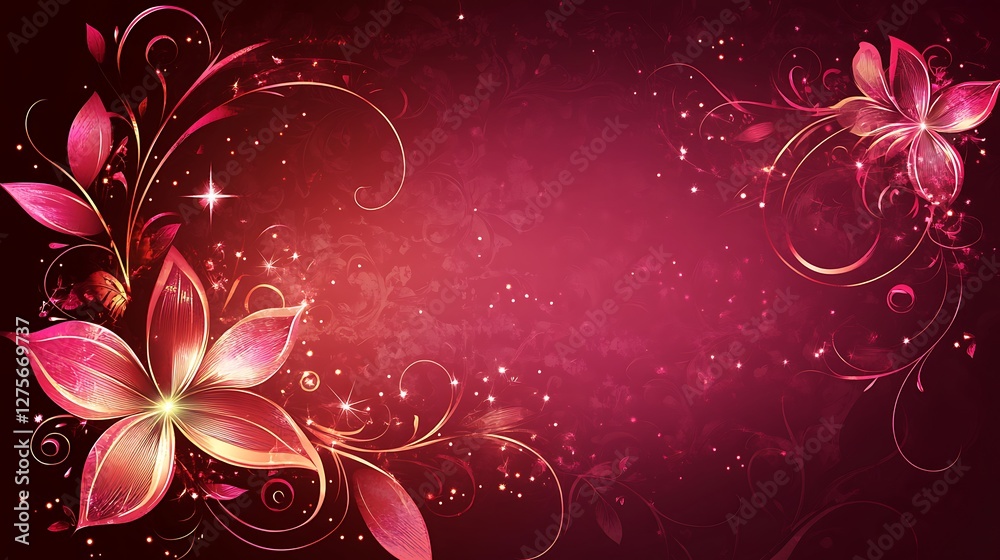 Glowing Floral Design Red Background Sparkle Flowers Glowing Floral Design Red Background Sparkle Flowers