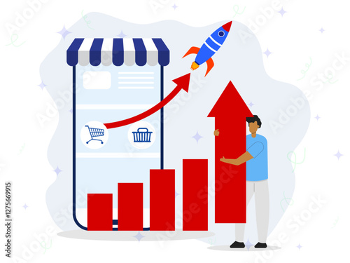 Booster online business growth concept. Fast launch online store, development market, financial goals, startup optimalization. 