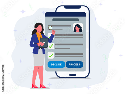 Hiring employee online concept. A woman as HR managers searching new employee, reading CV and giving job candidate review. Recruitment, approved, jobseeker, compan, headhunting. 