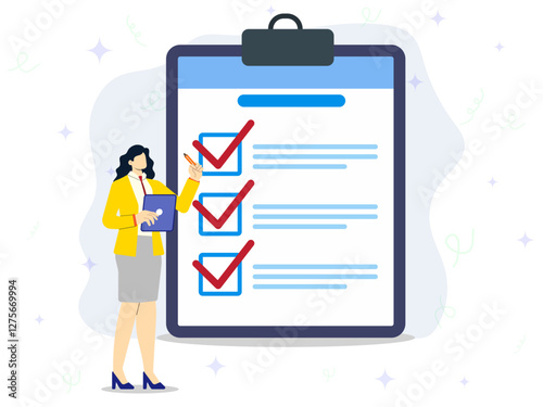 A woman as office manager has filled out form. Concept of completed work, checklist, Flat design with big icon of paper documents to be done with check boxes. Time management, tasks, success. 