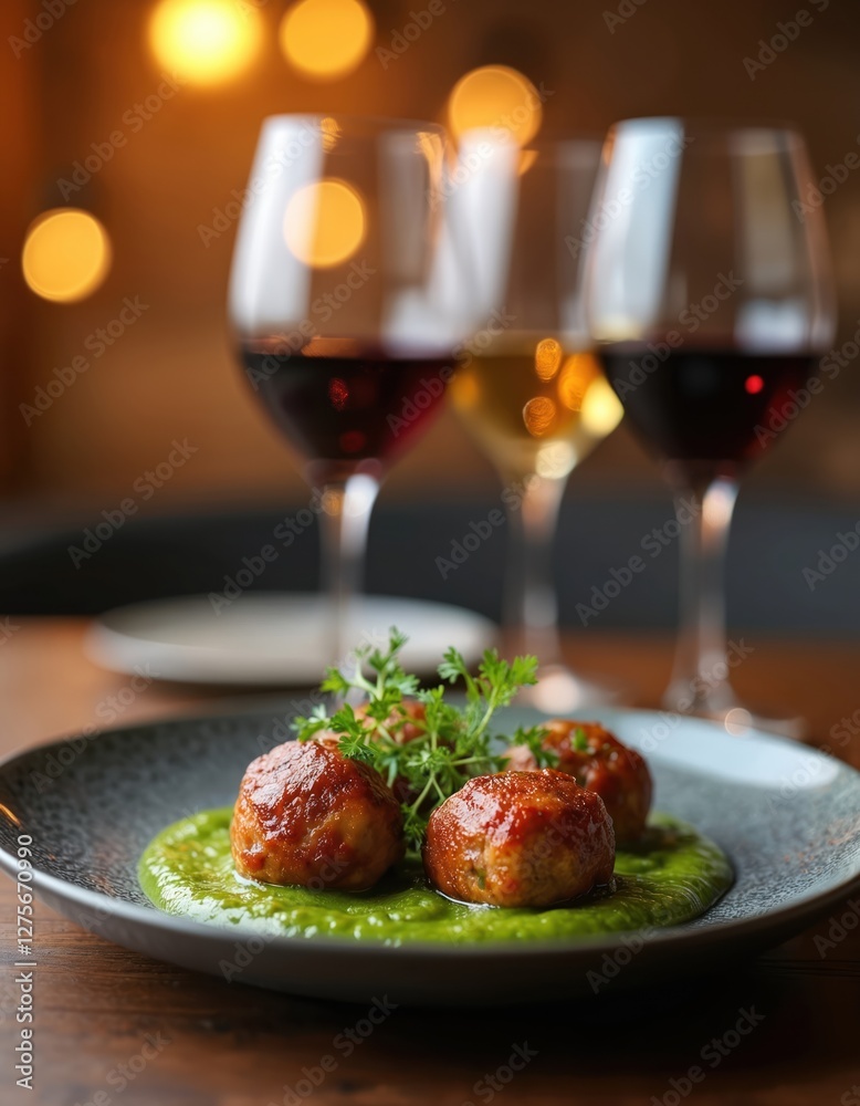 Meatballs served with vibrant green sauce on a plate. Wine glasses add an elegant touch. Savory dish with herb garnish offers culinary indulgence, festive dining experience. Meatballs served with vibrant green sauce on a plate. Wine glasses add an elegant touch. Savory dish with herb garnish offers culinary indulgence, festive dining experience.
