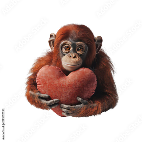 Adorable Orangutan Cub Holding a Heart-Shaped Pillow photo