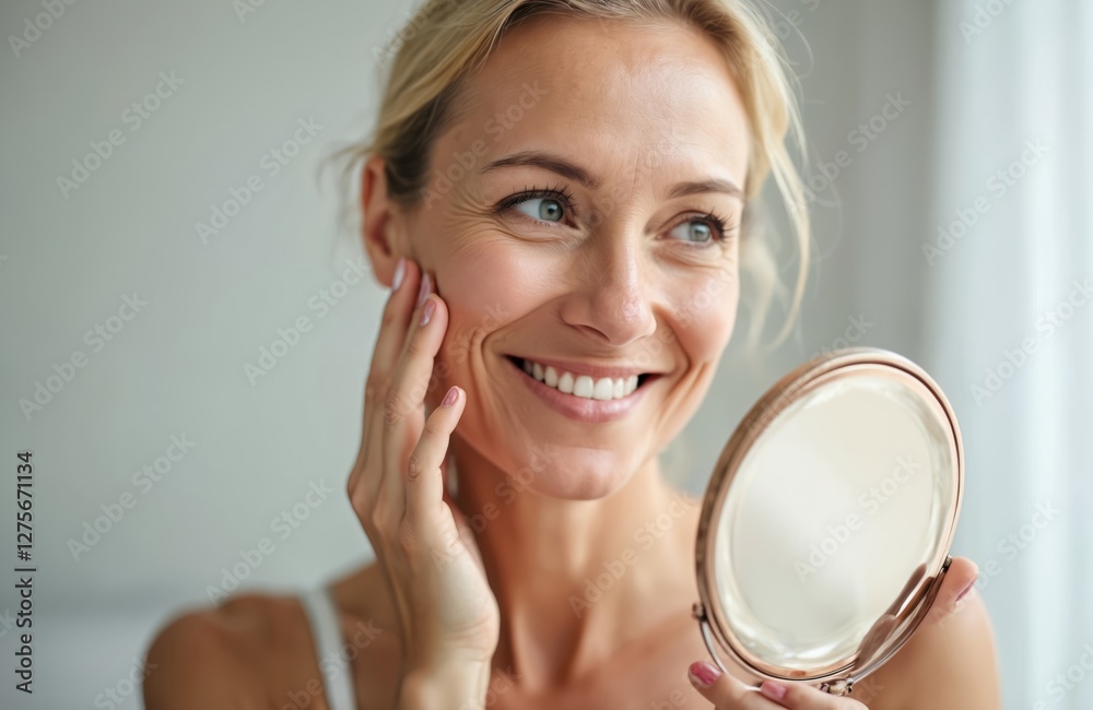Happy middle aged woman looks at mirror touching her face. Skin care treatment for dry skin antiaging beauty products advertising, mature female enjoy healthy complexion. Happy middle aged woman looks at mirror touching her face. Skin care treatment for dry skin antiaging beauty products advertising, mature female enjoy healthy complexion.