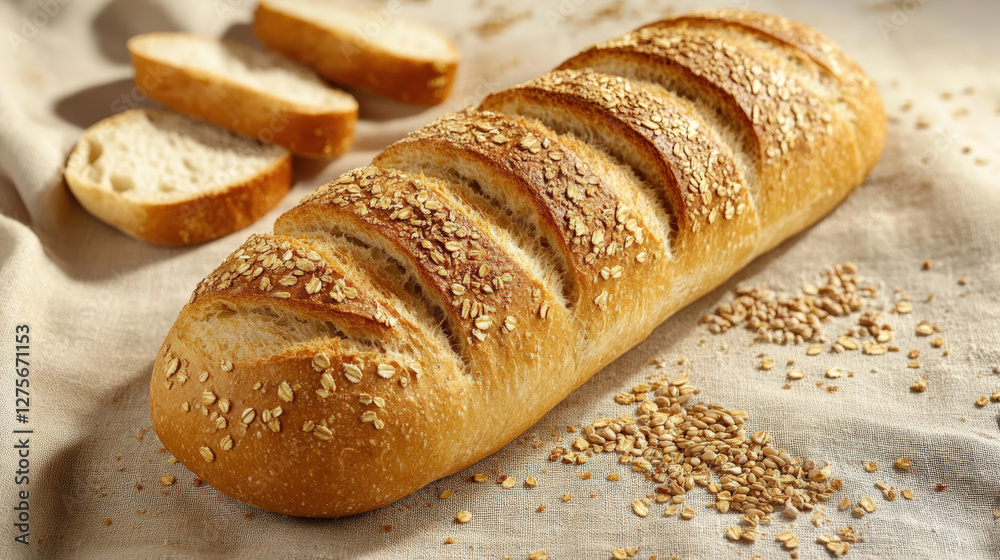Fresh whole grain baguette loaf with sesame seeds, sliced and surrounded by crumbs, evokes warm, inviting atmosphere perfect for any meal Fresh whole grain baguette loaf with sesame seeds, sliced and surrounded by crumbs, evokes warm, inviting atmosphere perfect for any meal